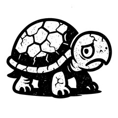 Obraz premium Distressed B&W cartoon turtle illustration, visibly sad. Melancholic tortoise vector art, grunge textured, hand-drawn vintage aesthetic. Perfect for emotionally resonant graphic design projects, conve