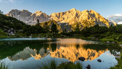 Mountain lake mirroring sunrise