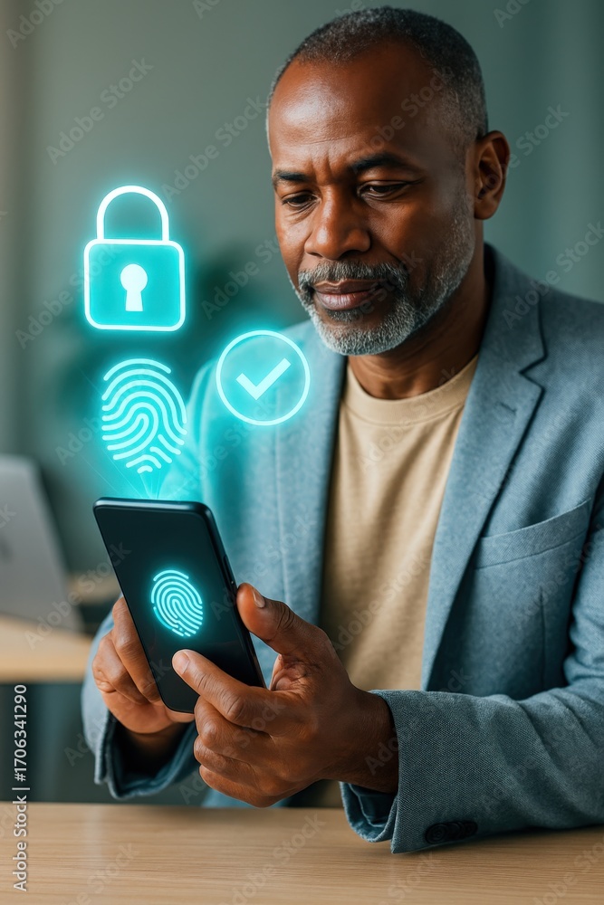 Poster a man using smartphone with digital security icons, symbolizing data protection, and digital authent