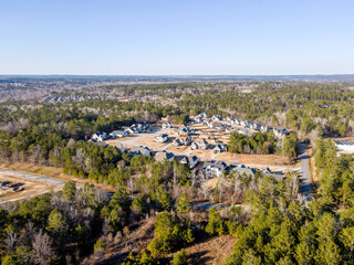 Aerial landscape Blanchard park forest winter after Hurricane Helene in Evans Augusta Georgia