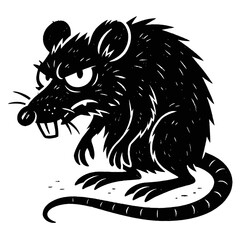A menacing black rat silhouette illustration featuring an angry expression, sharp teeth, and spiky fur. This stylized graphic depicts a grumpy rodent with prominent ears and tail, ideal for themes of