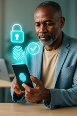 a man using smartphone with digital security icons, symbolizing data protection, and digital authentication