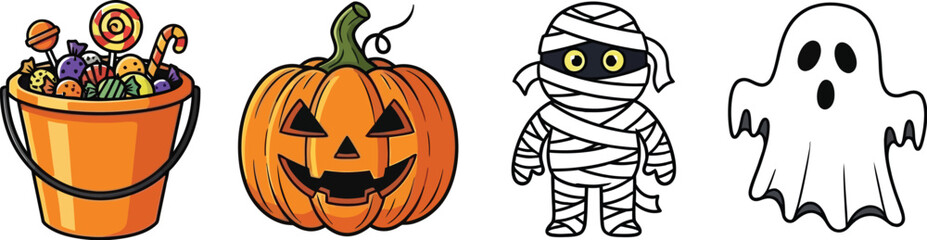 Halloween characters including a pumpkin mummy ghost and bucket of candy