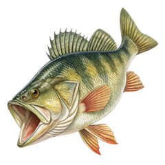 3d realistic yellow perch fish with open mouth side view transparent background