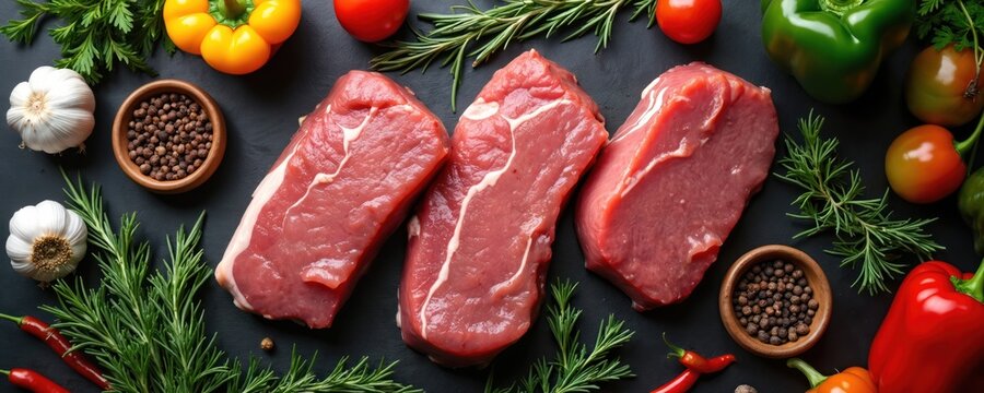 Raw beef steaks with herbs, spices prepared for cooking. Includes garlic, chili peppers, bell peppers, tomatoes, rosemary, thyme, black peppercorns. High protein, fresh ingredients for delicious