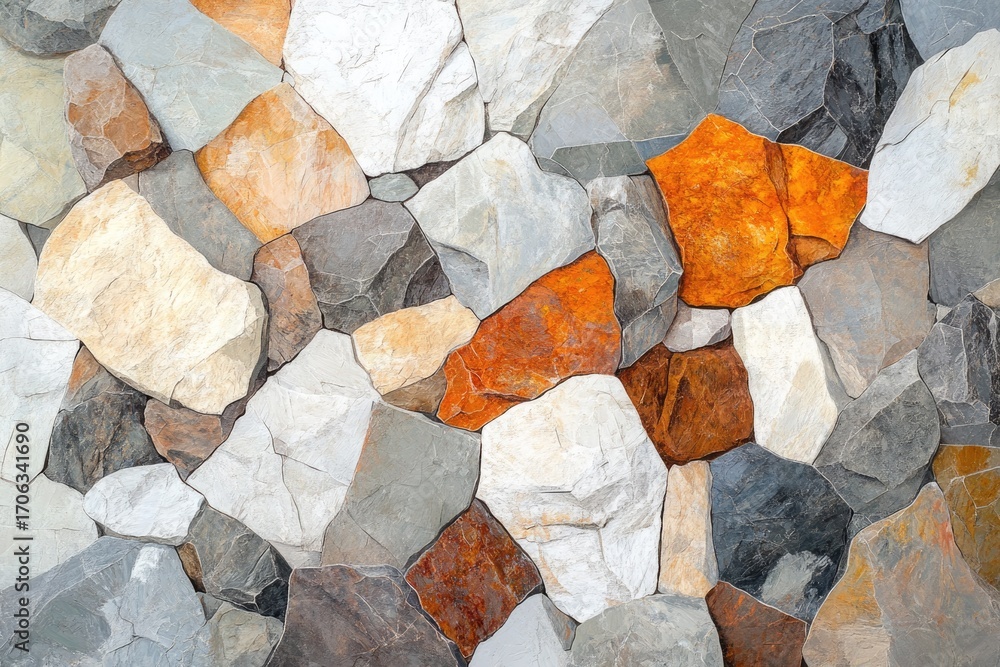 Poster a close-up view of a multicolored stone wall, showcasing various textures and colors.