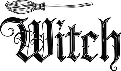 Witch text with broom illustration for halloween themed designs and decorations