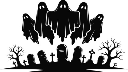 Spooky ghosts hovering over a graveyard with tombstones and bare trees at night