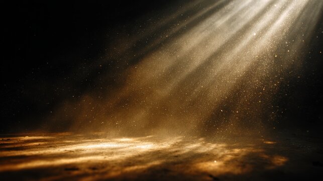 Golden light beams pierce through darkness illuminating dust motes and creating dappled patterns