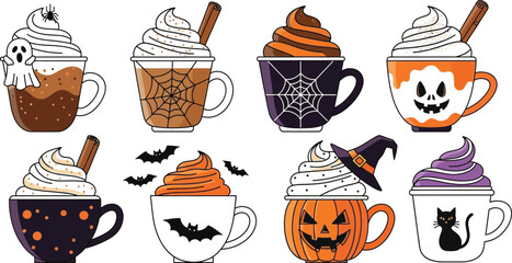 Spooky halloween themed drinks with ghosts bats spiders and pumpkins in mugs