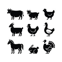 Collection of silhouetted farm animals including cow goat chicken duck horse rabbit turkey
