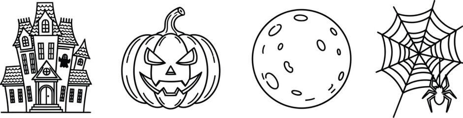Spooky halloween night scene with haunted house pumpkin moon and spider web