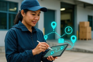 A female delivery worker uses a digital tablet to track a delivery