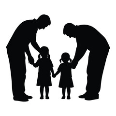 Silhouette of two fathers holding hands with their two young daughters family love silhouette
