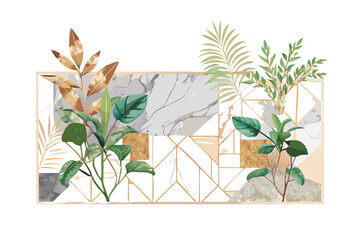 Obraz premium Modern abstract composition with geometric shapes, marble texture, and lush green and golden foliage, creating a contemporary botanical art piece