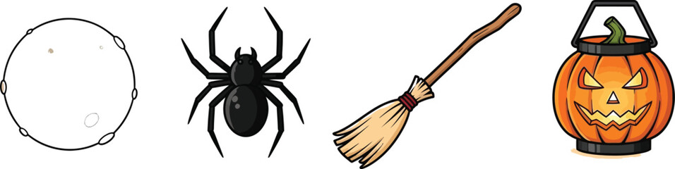 Halloween elements including a moon spider broom and jack o lantern on white
