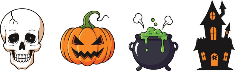 Halloween icons featuring a skull pumpkin cauldron and haunted house design