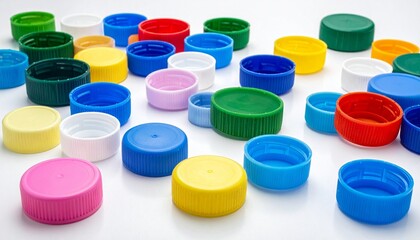 Scattered colorful plastic bottle caps in various sizes&mdash;red, blue, green, yellow, pink, purple, and white&mdash;spread across a clean white surface, highlighting everyday design, recycling potential, and pl