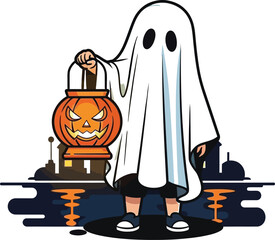 Child dressed as a ghost holding a jacko'lantern on halloween night vector art
