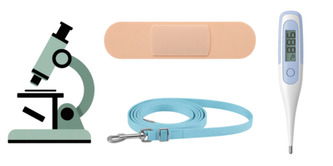 Medical equipment including a microscope bandage thermometer and stethoscope isolated on transparent background