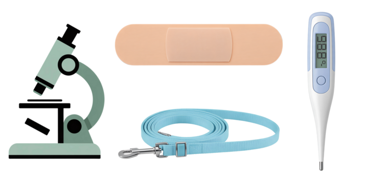 Medical equipment including a microscope bandage thermometer and stethoscope isolated on transparent background