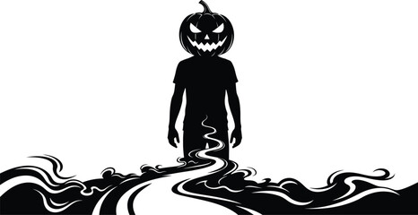 Spooky silhouette of a person with a pumpkin head standing in dark smoke design