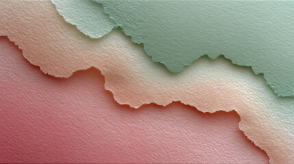 Torn paper texture with coral pink and sage green colors creating organic layered effect, abstract background for creative design projects