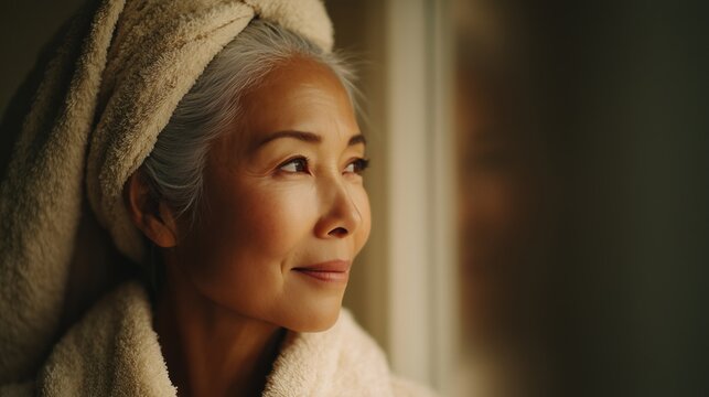 A serene senior Asian woman wearing a towel wrap and bathrobe, gazing thoughtfully out of a window in soft light.