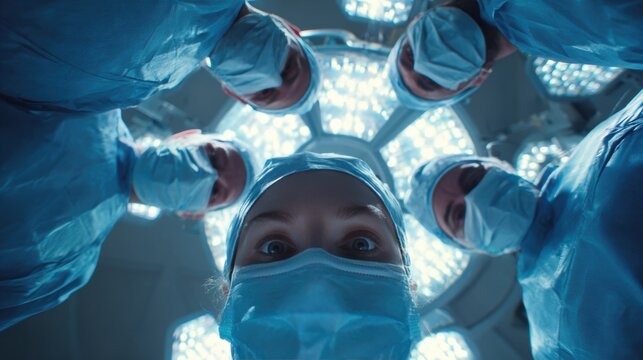 Low angle view of a surgical team wearing protective masks and gowns, standing under bright operating lights and looking down at the patient.