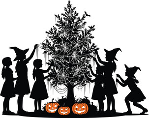 Silhouette of girls decorating halloween tree with pumpkins and spiderwebs vector