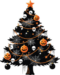 Spooky halloween tree decorated with pumpkins skulls and spiderwebs for holiday
