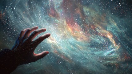 Cosmic Connection - A Silhouetted Hand Reaching into a Luminous, Swirling Nebula.