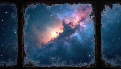 View of cosmic nebula through grungy window at night. Abstract art features swirling stars, galaxies, vibrant clouds in blue, red, pink hues. Textured, scratched, speckled surface adds vintage,