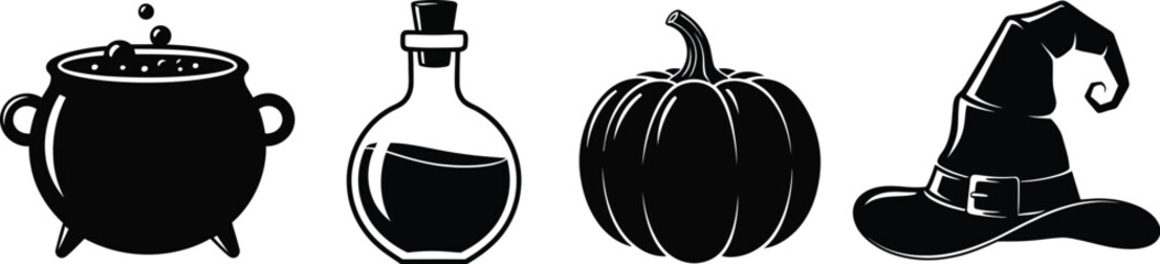 Halloween icons featuring a cauldron potion pumpkin and witch hat in black
