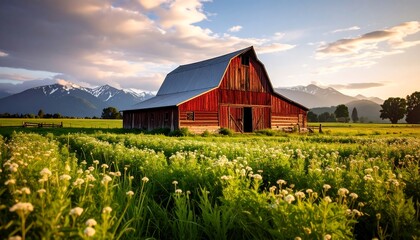 Rustic red barn in a field of wildflowers under a dramatic sky