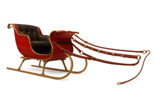 Classic red christmas sleigh with golden runners, leather reins and harness, isolated on transparent background, ready for composition