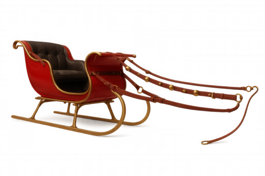 Classic red christmas sleigh with golden runners, leather reins and harness, isolated on transparent background, ready for composition