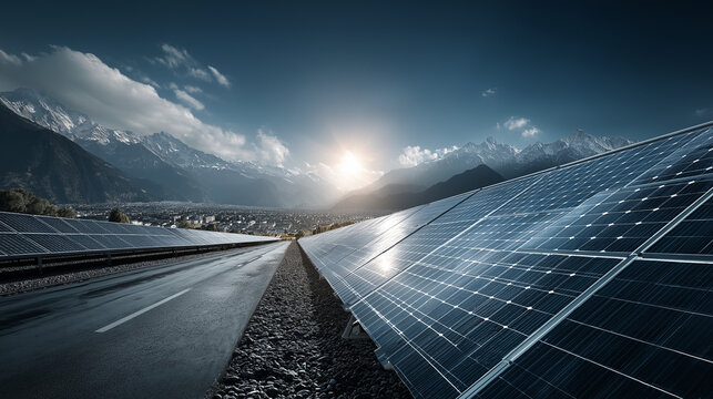 Solar panel field stretching to horizon under clear blue sky, sustainable energy concept, futuristic clean design