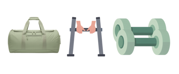 Collection of fitness and rehabilitation equipment including a gym bag crutches and dumbbells isolated on transparent background
