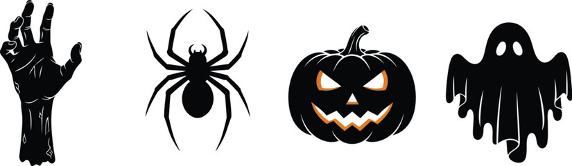 Halloween icons featuring a zombie hand spider pumpkin and ghost on white