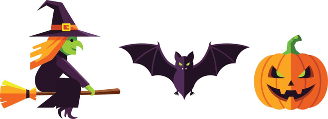 Cartoon witch flying on broom with bat and jack o lantern for halloween design