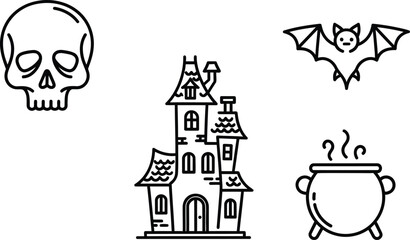 Spooky halloween elements in a minimalist line art style on a white background
