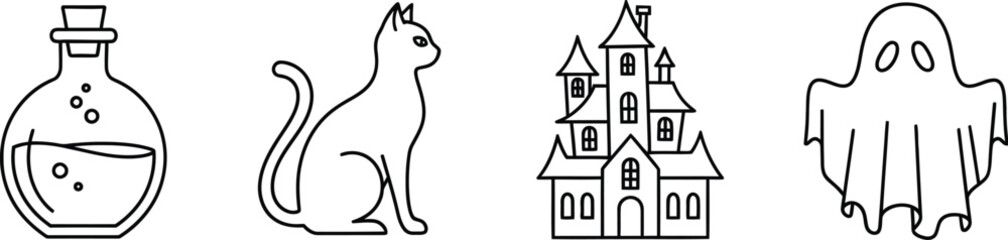 Halloween icons in black and white featuring a potion cat house and ghost