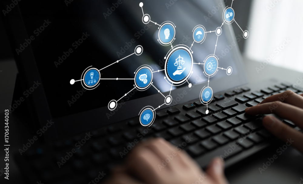 Poster a modern interpretation of legal concepts depicted on a computer screen, showcasing technology and i