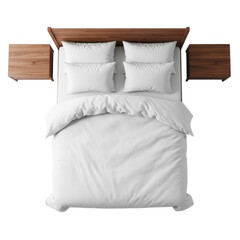 Top view of a white duvet bed with wooden nightstands isolated on transparent background