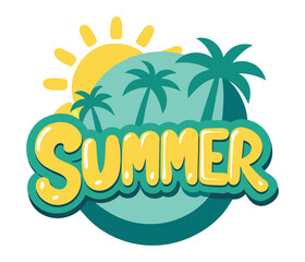 Bright sunny summer vacation with palm trees and ocean waves graphic design