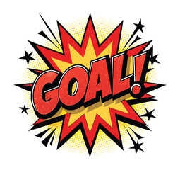 Fototapeta premium Explosive comic book style goal word with stars and burst effect on white background