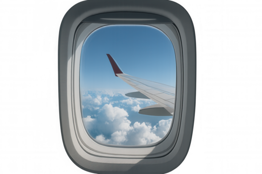 Capturing a stunning aerial view from an airplane window, featuring the wing gliding over fluffy clouds against a clear sky backdrop