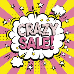 Exploding comic book style crazy sale announcement with stars and clouds on a vibrant yellow and pink background