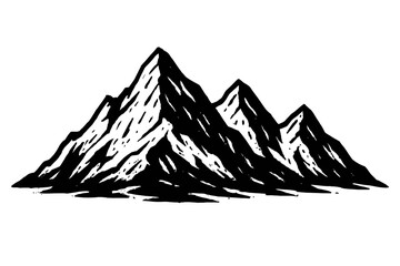 Striking hand-drawn illustration featuring a rugged mountain range, showcasing sharp peaks and dramatic shadows in a minimalist black and white woodcut style, perfect for nature-themed designs, outdoo